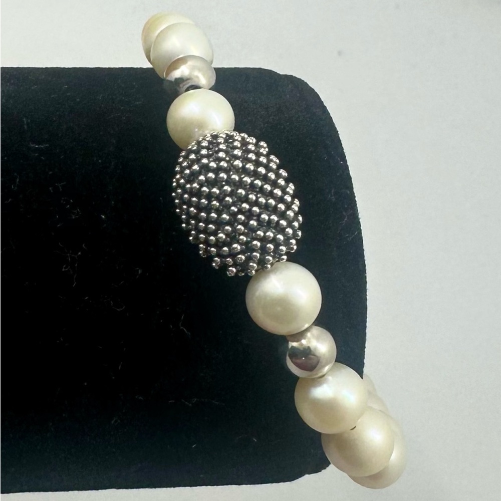 MICHAEL DAWKINS Sterling Silver Pearl Popcorn Magnetic Closure Bracelet; 7”